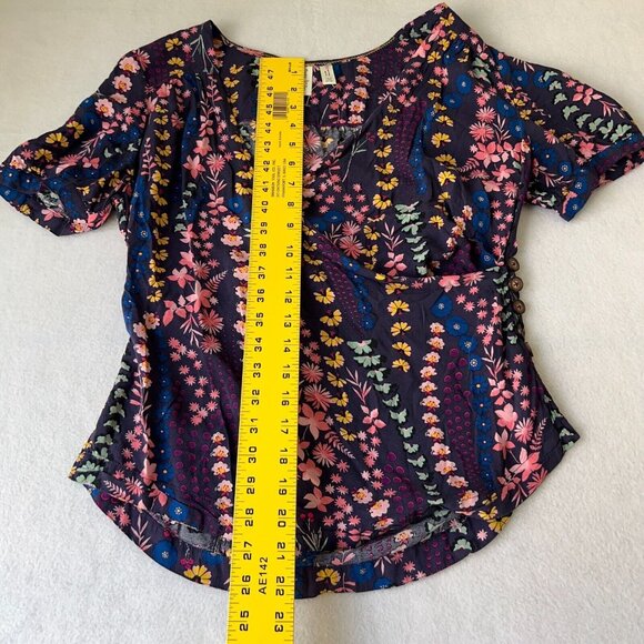 Anthropologie Meadow Rue Blouse Top 6 Eldoret Navy Pink Floral Wrap Short Sleeve - Picture 5 of 12